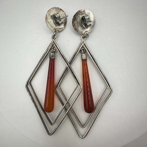 Vintage 925 sterling silver conchos genuine carnelian dangle drop post earrings - Picture 5 of 8